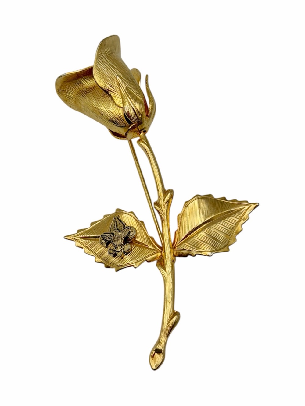 Gold Tone Rose Flower Brooch with Eagle Emblem On Leaf Textured Detail